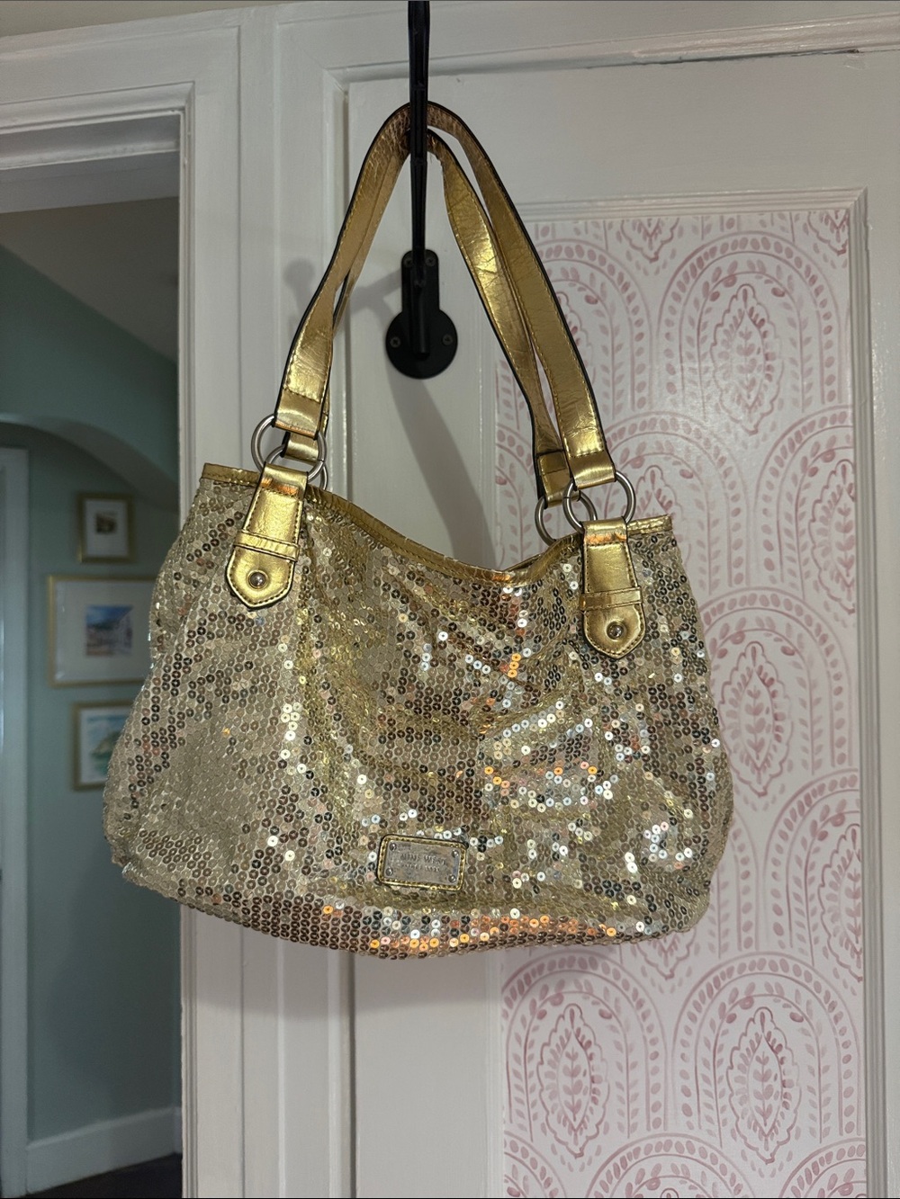 Nine West Gold Sequin Shoulder Bag with Metallic Straps